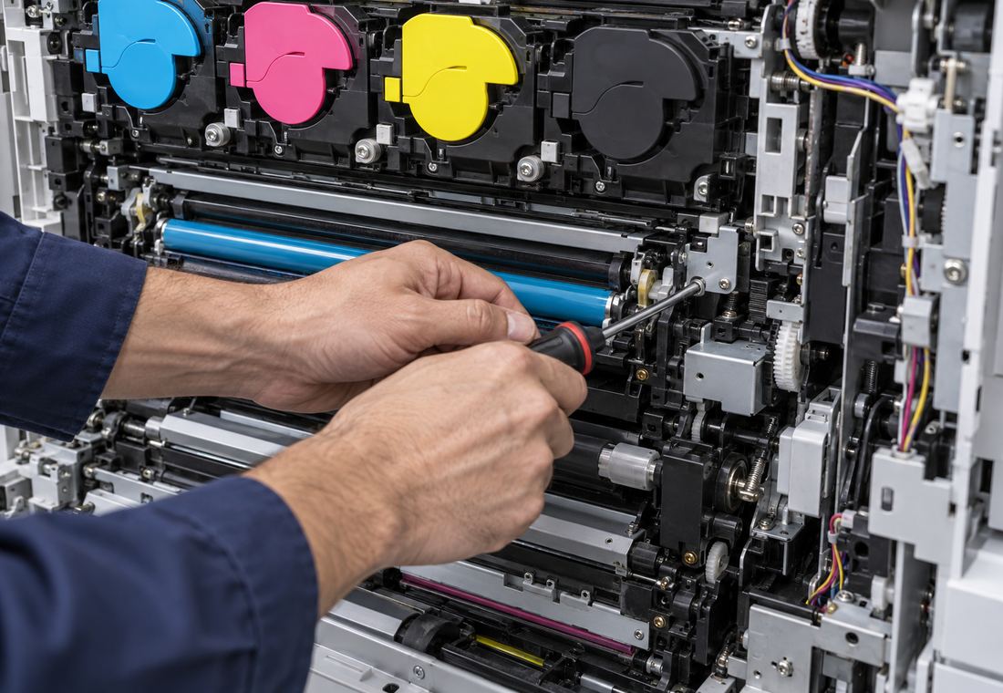 A technician's hands working with a screwdriver inside an opened colour copier.